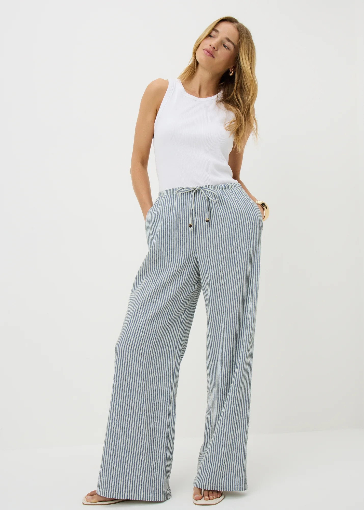 Blue Stripe Seersucker Wide Leg Trousers | Matalan (UK)