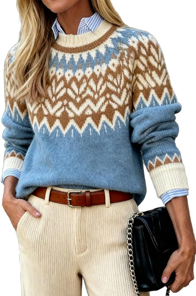 MakeMeChic Women's Chevron Crew Neck Sweater Long Sleeve Knitted Pullover Jumper Tops | Amazon (US)