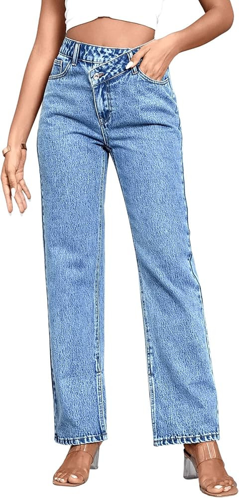 SweatyRocks Women's High Waisted Straight Leg Long Jeans Asymmetrical Waist Denim Pants | Amazon (US)