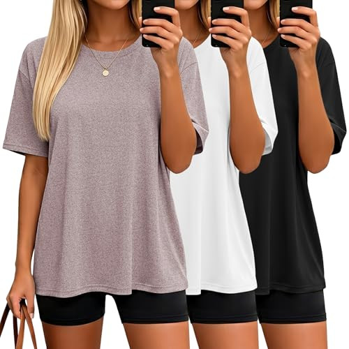 HOPLYNN 3 Pack Oversized Tshirts for Women, Summer Baggy Loose Fit Tops Crew Neck Workout Tees Pl... | Amazon (US)