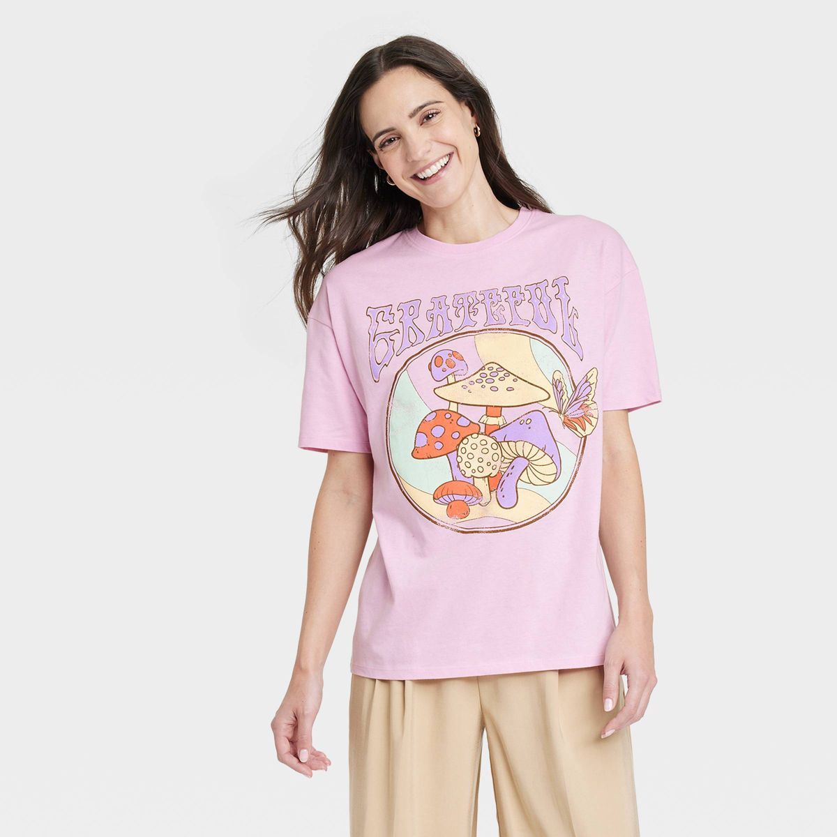 Women's Grateful Mushroom Oversized Short Sleeve Graphic T-Shirt - Pink | Target
