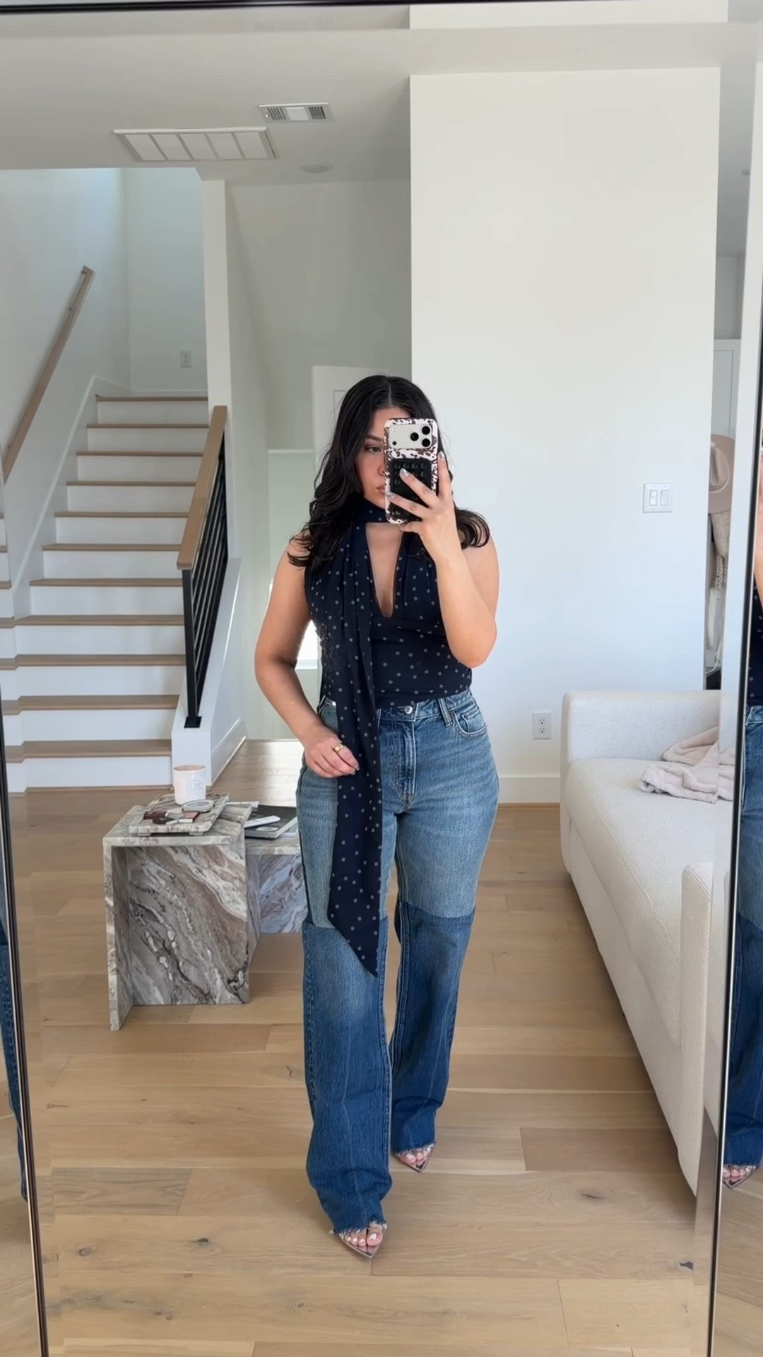 Outfit one 
Polka dot halter top: small
Patchwork jeans: 26 
Clear heels: 7

Outfit two 
Ribbed tank: small
Active jacket: xs 
Light was shorts: 26 
Sneakers: 6.5 women 

Outfit three 
Yellow top: 4 
Beige jeans: 26 short 

Outfit four 
Pink lace cami: small
Light wash jeans: 26 

Outfit five 
Brown loose jeans: 26 short

Outfit six 
Active tank: small
Biker shorts: small
White socks 
Nano speedy bag 

#LTKootd #LTKSpringSale #LTKgrwm