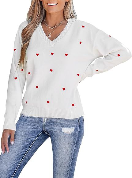 CUPSHE Women Sweater Embroidered Heart V-Neck Dropped Long Sleeves Romantic Jumper Tops | Amazon (CA)