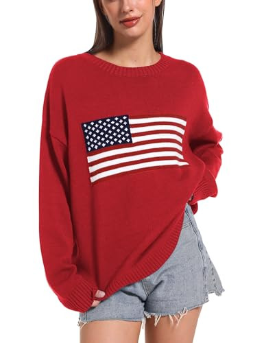 Ugerlov Women's Oversized American Flag Sweater Long Sleeve Crewneck Knit USA Sweaters 2024 Fall Chunky Warm Pullover Tops Red L/XL | Amazon (US)