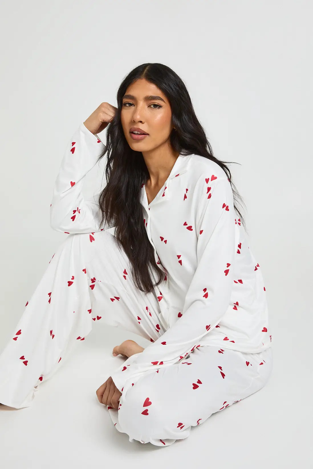 Tall Heart Print Long Sleeve Shirt & Trouser Pyjama Set | boohoo (US & Canada)