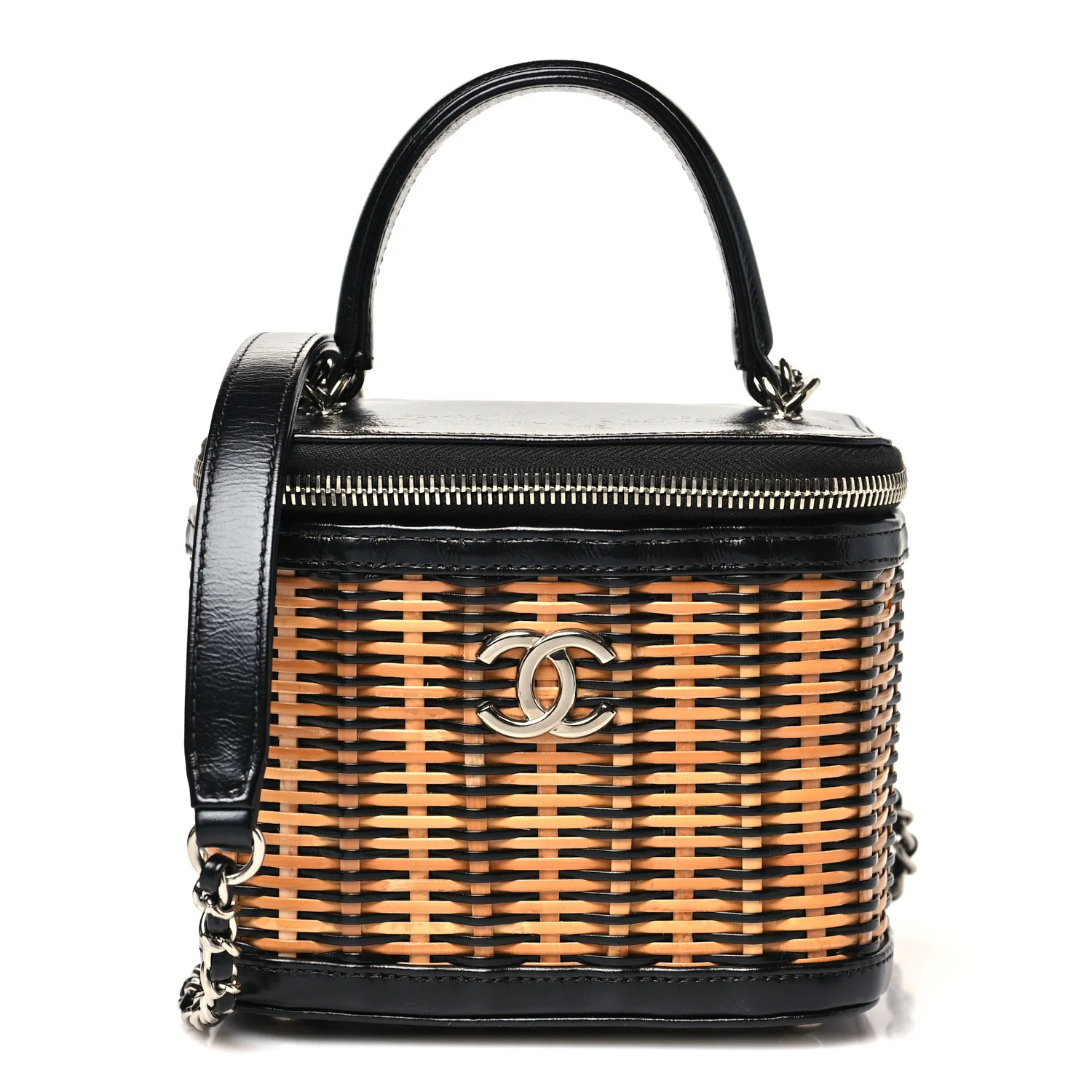 Calfskin Raffia Small Vanity Case Bag Black Beige | FASHIONPHILE (US)