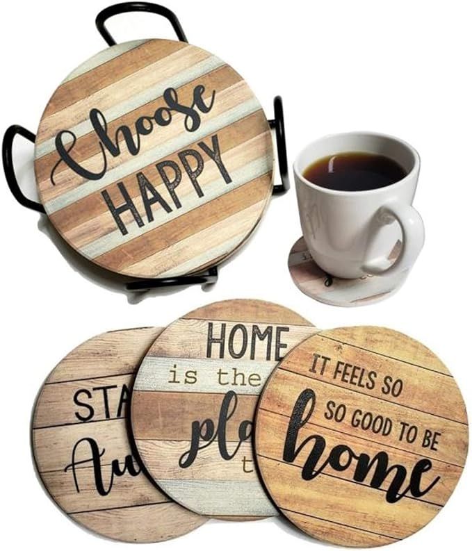 PANCHH Rustic Farmhouse Stone & Cork Coasters for Drinks, Absorbent - Set of 6 Coasters with Hold... | Amazon (US)