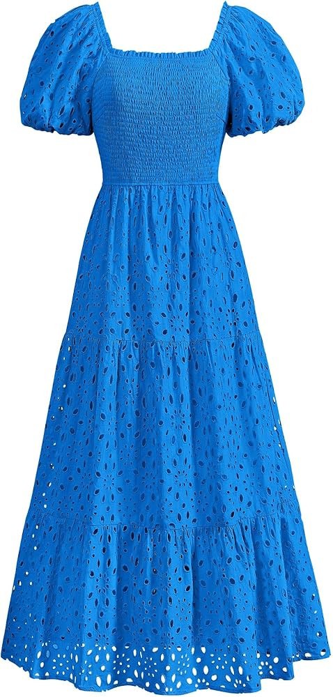 PRETTYGARDEN Summer Dresses for Women 2025 Eyelet Square Neck Puff Sleeve Smocked Wedding Guest M... | Amazon (US)