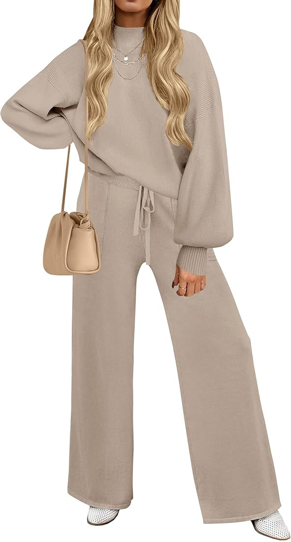 ZESICA Women's 2 Piece Outfits Sweater Set Long Sleeve Mock Neck Knit Pullover and Wide Leg Pants... | Amazon (US)