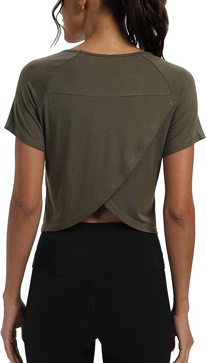 Mippo Workout Tops for Women Cropped Split Back Athletic Gym Exercise Shirts Loose Fit | Amazon (US)