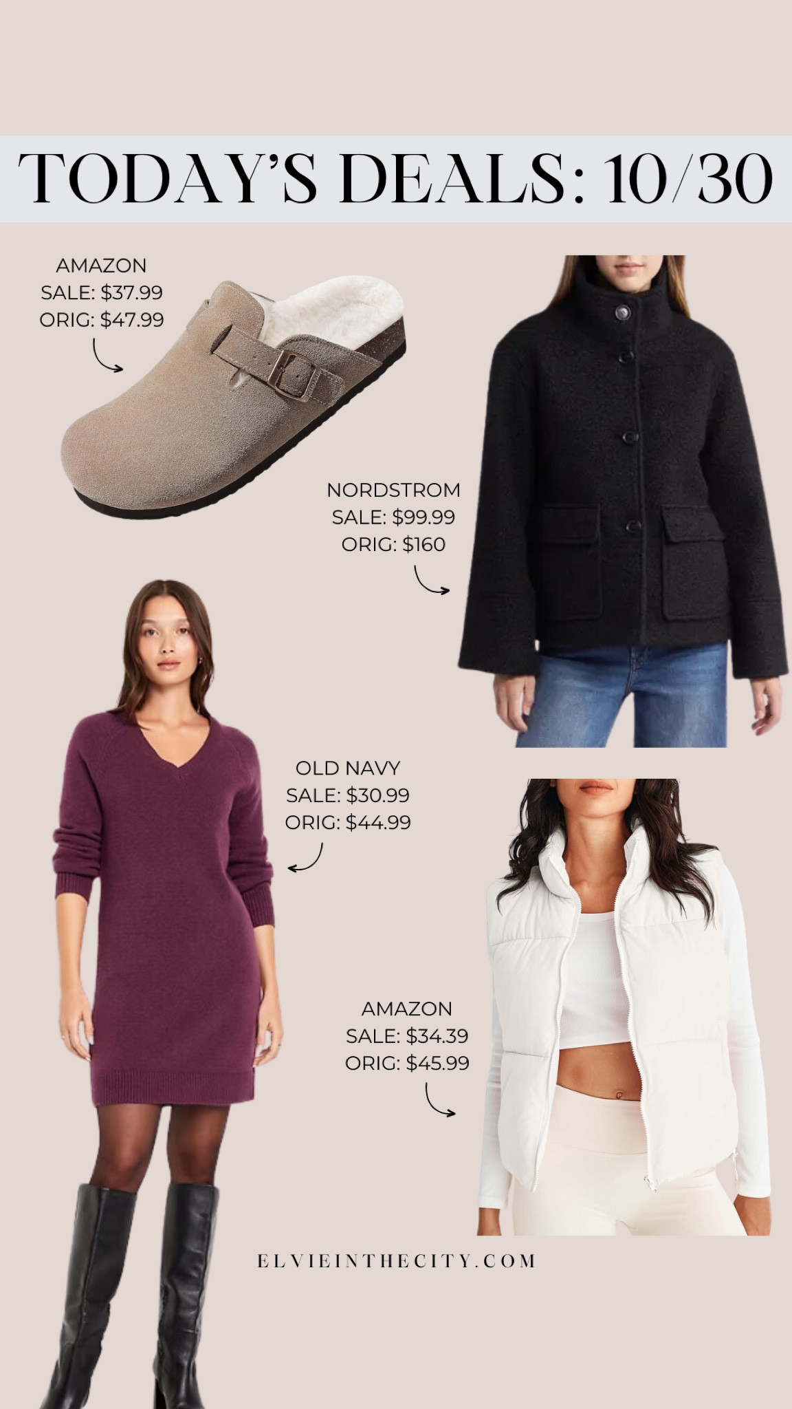 Today’s deals include fur-lined suede clogs from Amazon, a Boucle jacket from Nordstrom, a sweater dress from Old Navy, and a puffer vest from Amazon.

Deal of the day, fall outfit, fall dress, holiday dress, ootd, fashion over 40

#LTKSaleAlert #LTKStyleTip #LTKFindsUnder50