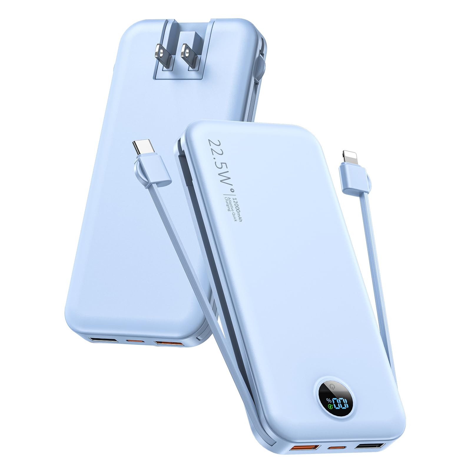 Portable Charger with Built-in Cables and Wall Plug, 12000mAh 22.5W USB C Power Bank Fast Chargin... | Amazon (US)