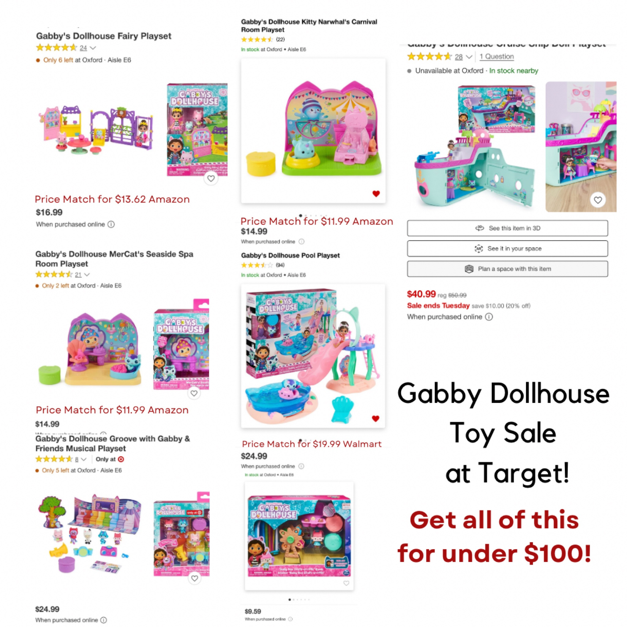 Gabby Dollhouse Sale at Target! 

Stock up on Gabby Dollhouse toys for Christmas! Follow this recipe to score big!

Price Match the ones in the picture as directed. 
Use the Target Circle for 25% on the Boat
And add your $20 off $120 or making all these toys $100! Get $160 for $100. $60 off!!

#LTKHolidaySale #LTKkids #LTKGiftGuide