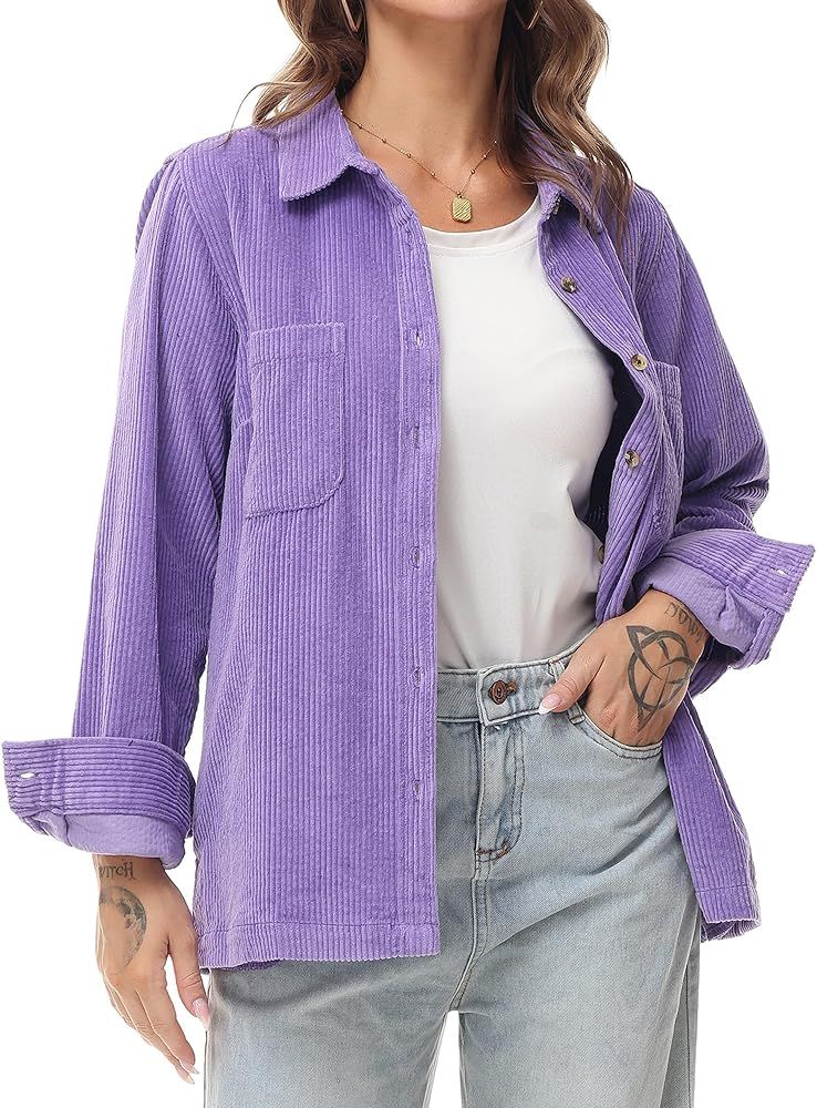 MCEDAR Women's Corduroy Shirt Relaxed Fit Casual Long Sleeve Corduroy Button Down Shacket Jacket ... | Amazon (US)