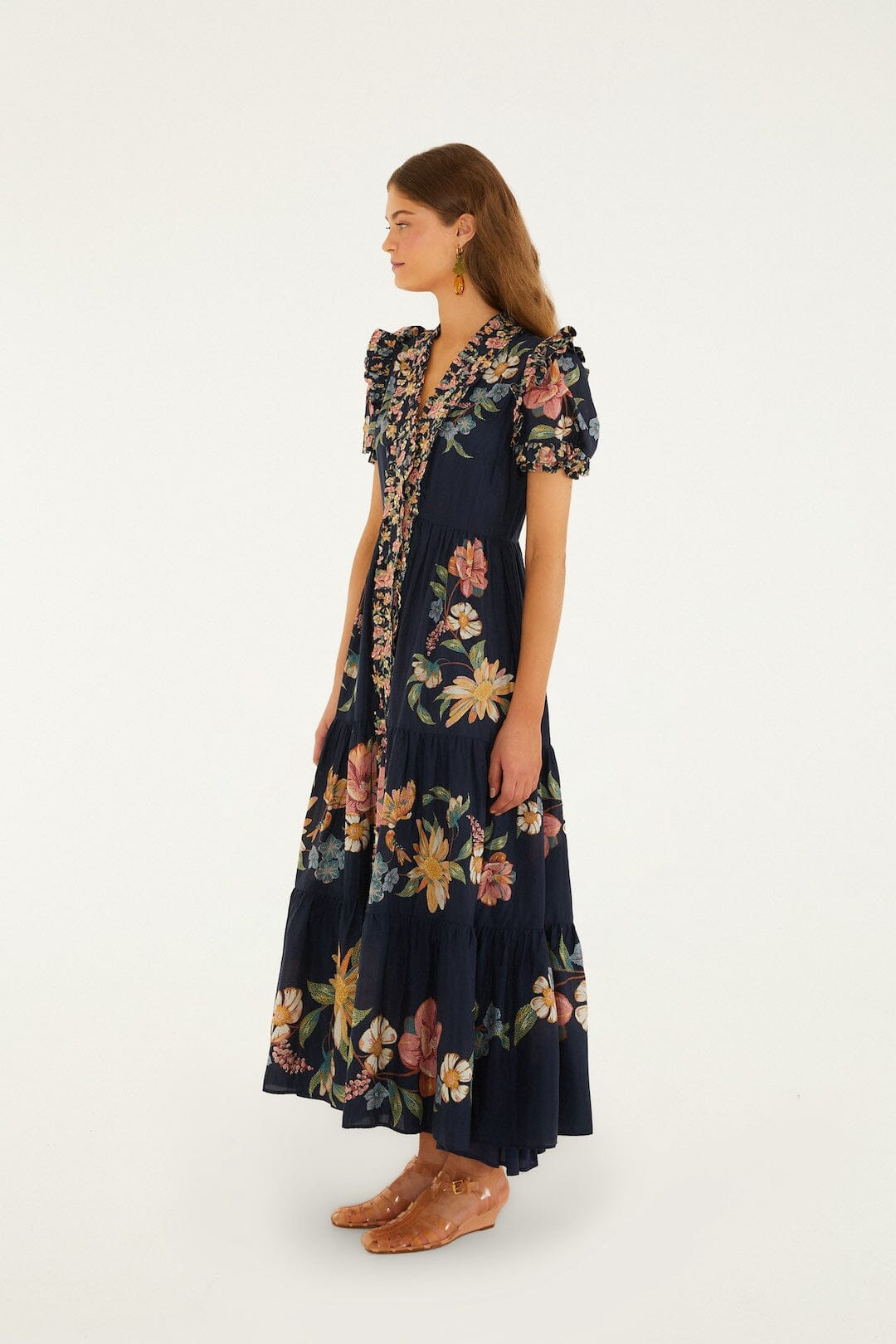 Dark Blue Maira Floral Short Sleeve Maxi Dress | FARM Rio | FarmRio (US)