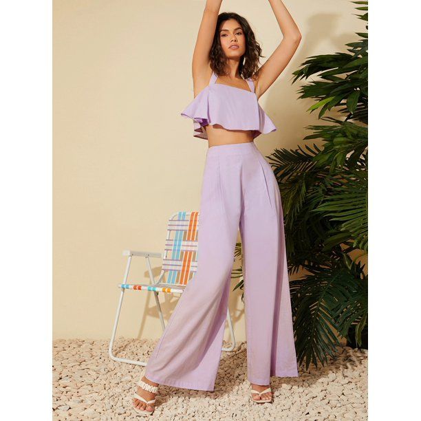 Boho Women's Ruffle Trim Crisscross Back Top and Wide Leg Pants Set 2022 Lilac Purple XS(2) S048X... | Walmart (US)