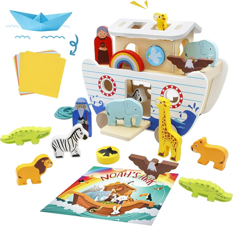 Noah's Ark Wooden Toy Set, Educational Wooden Animal Toys for Toddlers, Montessori Shape Sorter E... | Amazon (US)