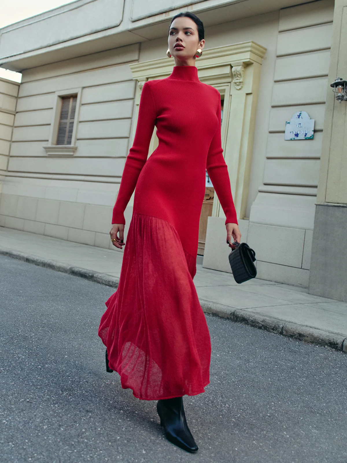 Mock Neck  Pleated Panel Sweater Dress | Commense