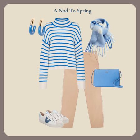Early spring look with bright blue and white stripe knit and neutral side stripe trousers. Add a cosy blue check scarf, earrings and cross body bag. Finish with versatile blue trim trainers 

#LTKeurope #LTKstyletip #LTKover40