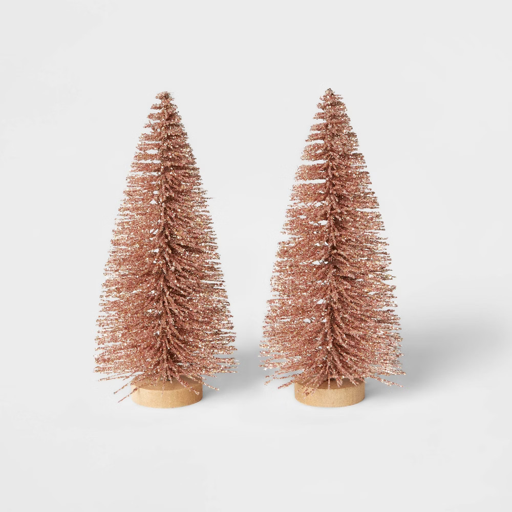 2pk Glitter Bottle Brush Christmas Tree Set Decorative Figurine Blush - Wondershop | Target