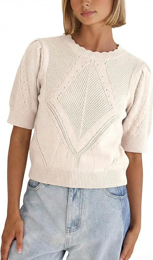 SCUSTY Women's Short Sleeve Knit Sweater Puff Sleeve Crew Neck Cropped Lightweight Knit Pullover ... | Amazon (US)