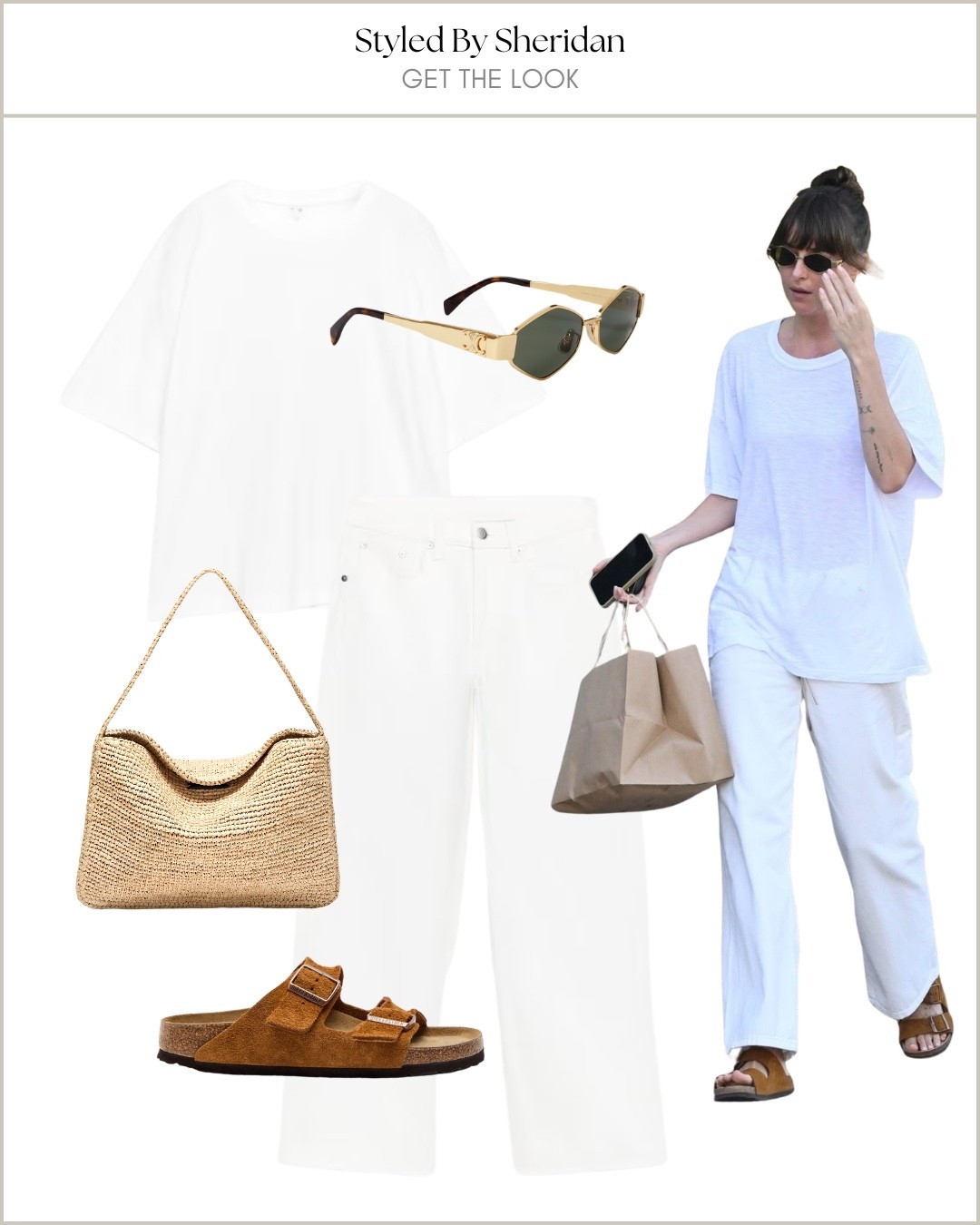 Get the look 📸 Dakota Johnson wears an oversized white tshirt with white jeans, Birkenstocks & sunnies

#LTKsummer #LTKspring #LTKstyletip