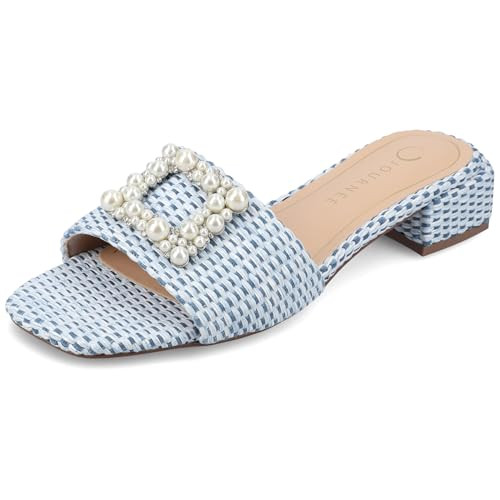 Journee Womens Pearl Raffia Slip On Open Square Toe Outset Block Heel Justina Tru Comfort Foam Flat Sandals Blue 11 Medium WOMENS US | Amazon (US)