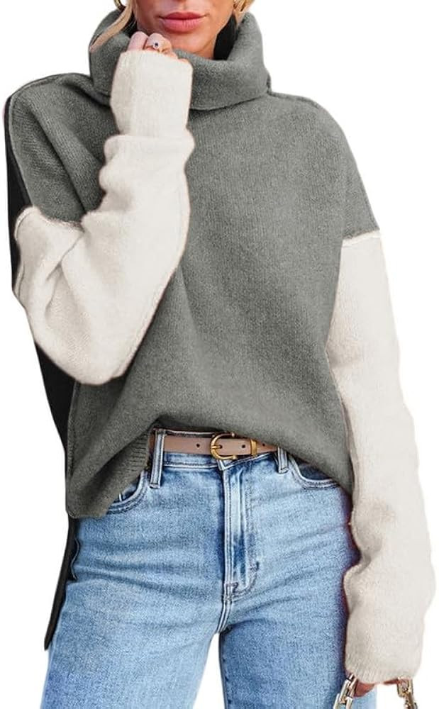 Dokotoo Womens Turtleneck Sweaters Casual Long Sleeve Color Block Side Slit Pullover Knit Jumper ... | Amazon (US)