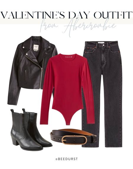 Valentine’s Day outfit from Abercrombie, date night outfit, winter outfit, Valentines day date night outfit, red bodysuit, black jeans, Chelsea boots, belt, leather jackett

#LTKfindsunder100 #LTKSeasonal #LTKparties