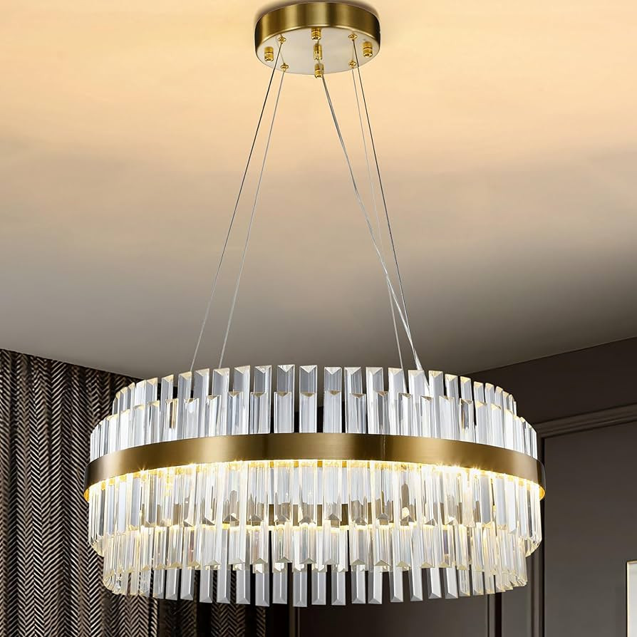 WABON Modern Crystal Chandelier, 2-Tier Crystal Pendant Lighting Fixture Gold Round Adjustable Ha... | Amazon (US)