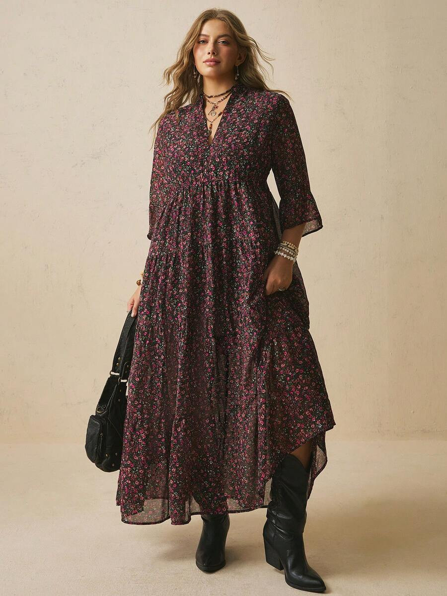 Freevana Women's Plus Size Notched Neck 3/4 Sleeve Chiffon Flowy Long Dress Ditsy Floral Elegant ... | SHEIN