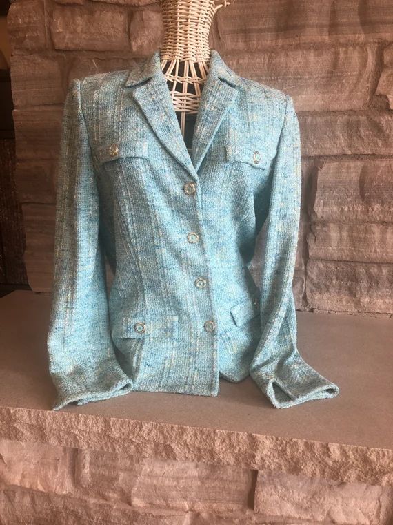 St John Marie Gray Santana Knit Designer Button Up Blue Jacket | Etsy | Etsy (US)