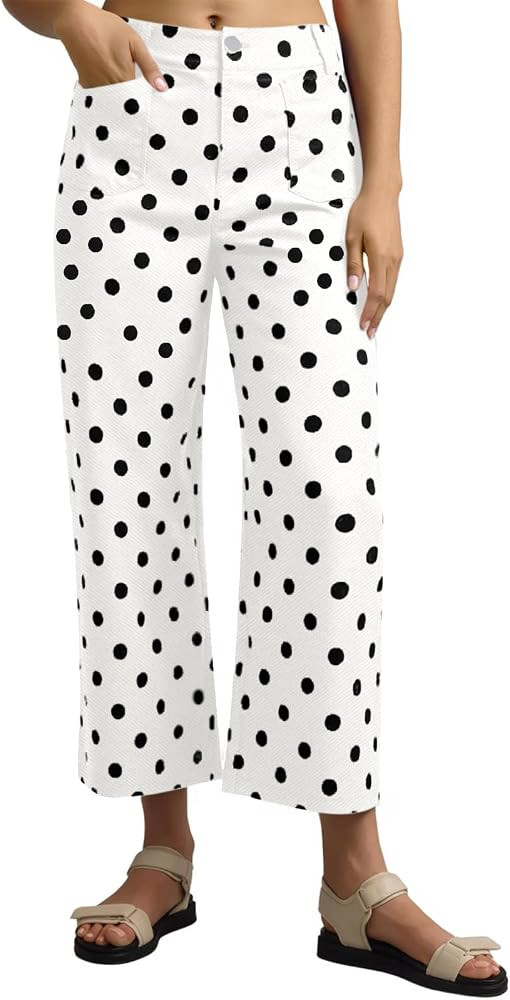 Tankaneo Womens Cropped Striped Jeans High Waisted Wide Leg Denim Pants | Amazon (US)