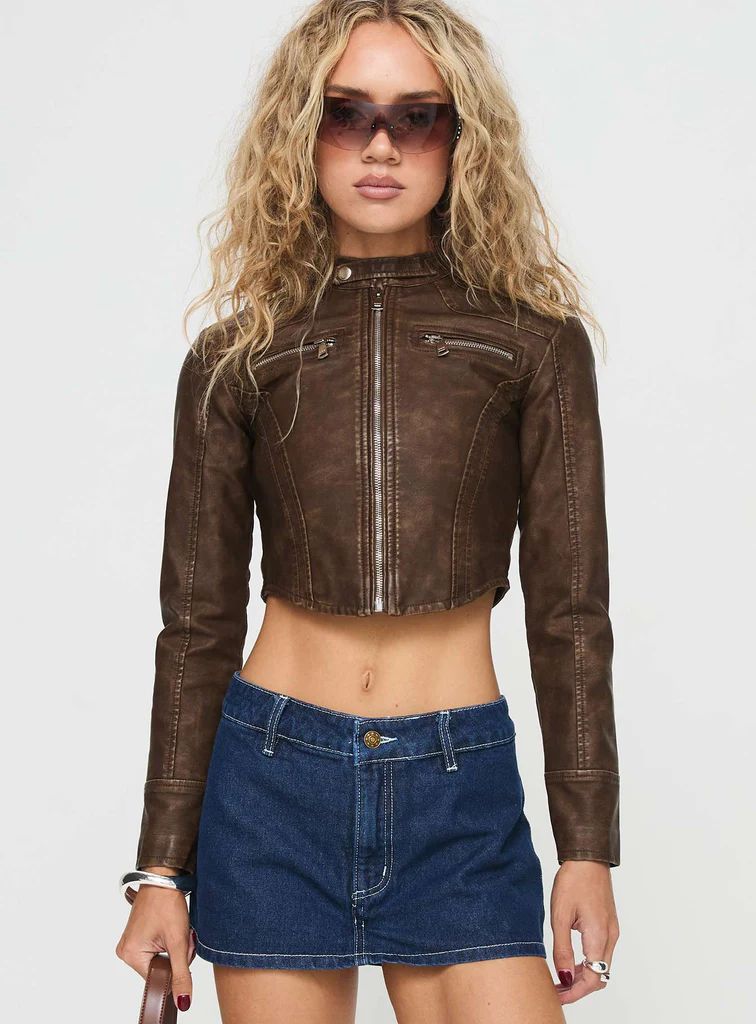 Soothing Faux Leather Biker Jacket Washed Brown | Princess Polly US