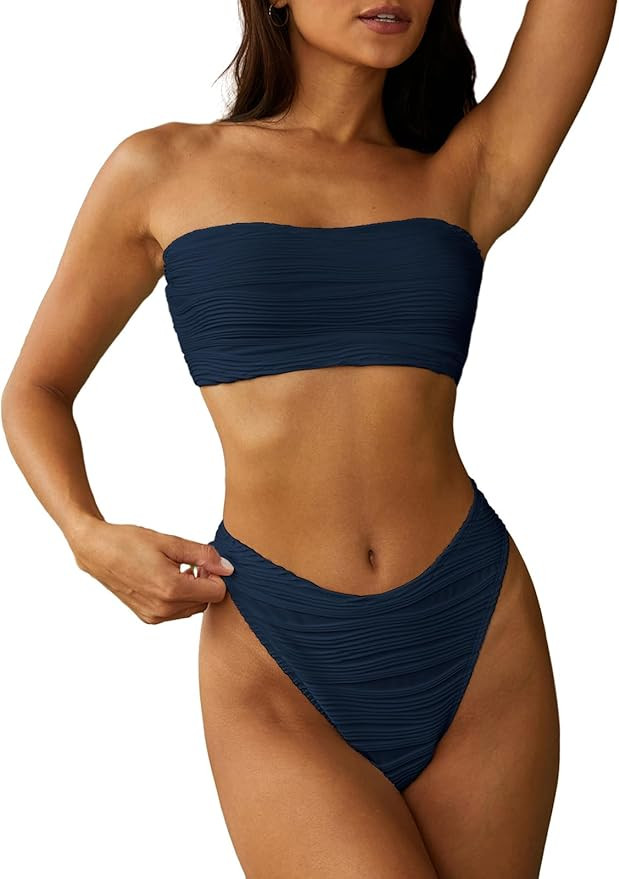 ZAFUL Women Strapless Textured Bandeau Bikini 2 Piece Swimwear Cheeky Solid Lace up Bathing Suits | Amazon (US)