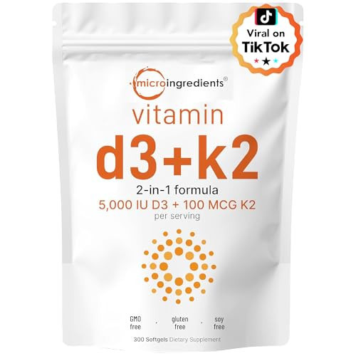 Micro Ingredients Vitamin D3 5,000 IU + K2 MK-7 100 mcg, 300 Softgels | 2-in-1 Vitamins D & K Complex | Extra Strength, Easy to Swallow, Non-GMO, Gluten Free | Amazon (US)