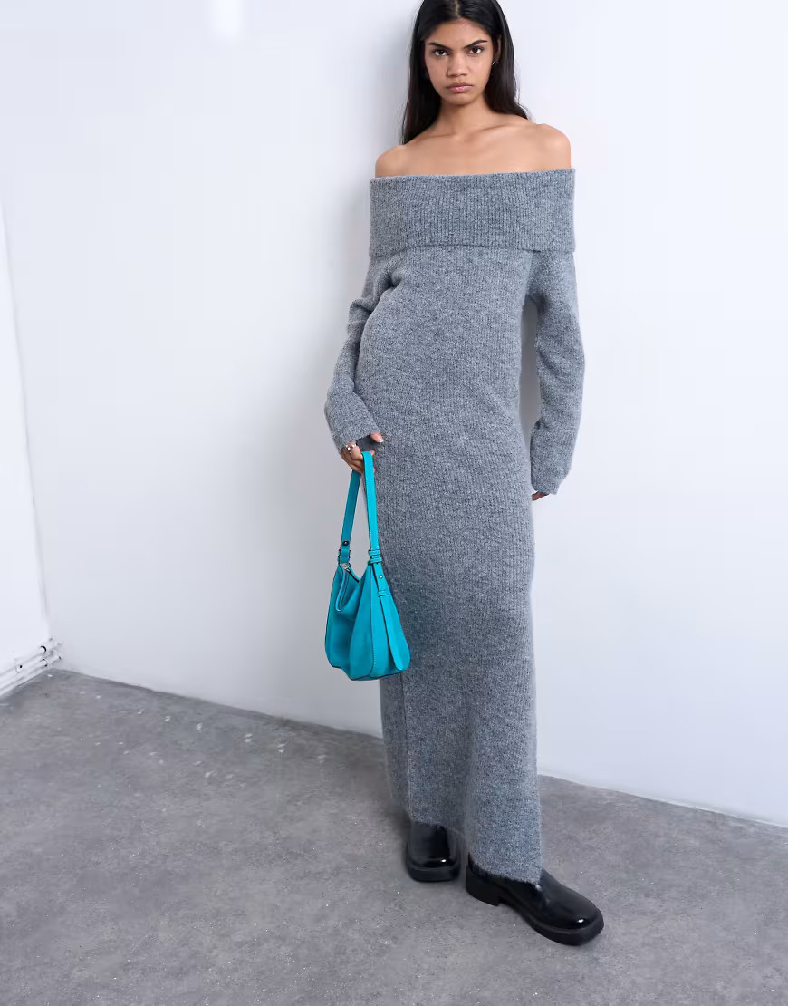 Topshop knit bardot maxi dress in gray | ASOS (Global)