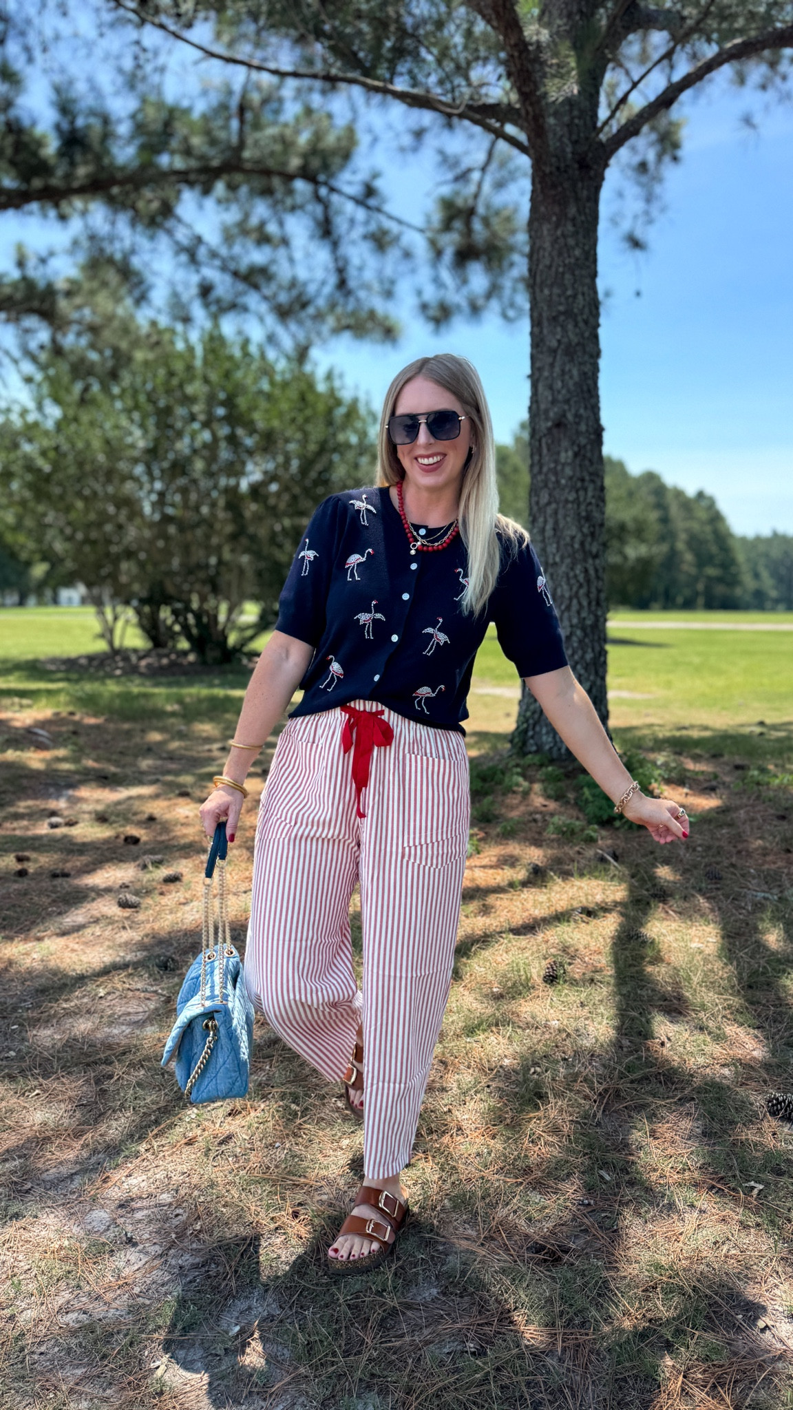 Outfit of the day, ootd, Walmart style, beaded flamingo cardigan, Amazon fashion, red stripe pants, Walmart sandals, coach bag

#LTKootd #LTKmomlife #LTKSaleAlert