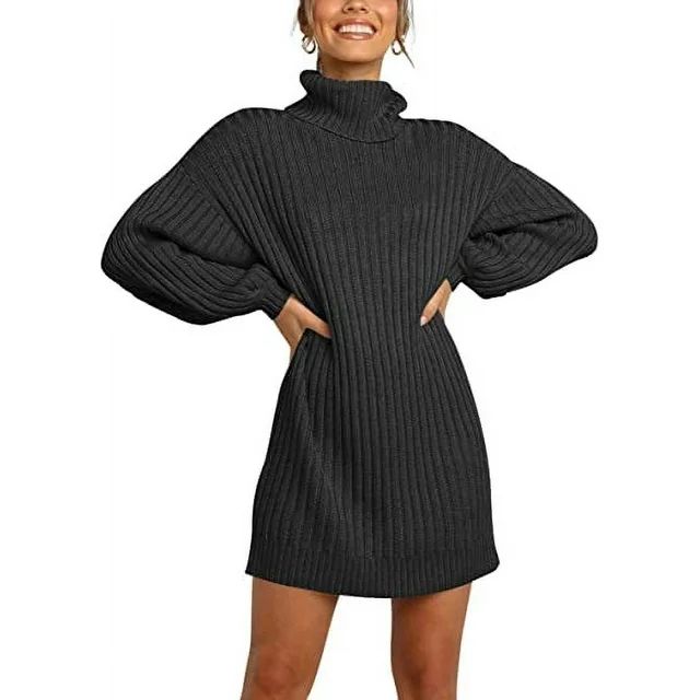Petmoko Womens Sweater Dress Turtleneck Long Lantern Sleeve Pullover Casual Solid Mini Dress for ... | Walmart (US)