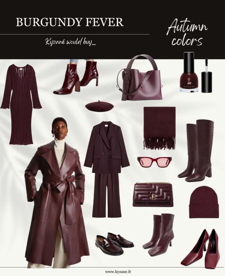 Autumn outfits in burgundy : trench coat, knee high boots, scarves, French beret , knit dress, beanie, loafers 
#Kyzanéwouldwear #burgundy #fallstaples 

#LTKstyletip #LTKeurope #LTKSeasonal