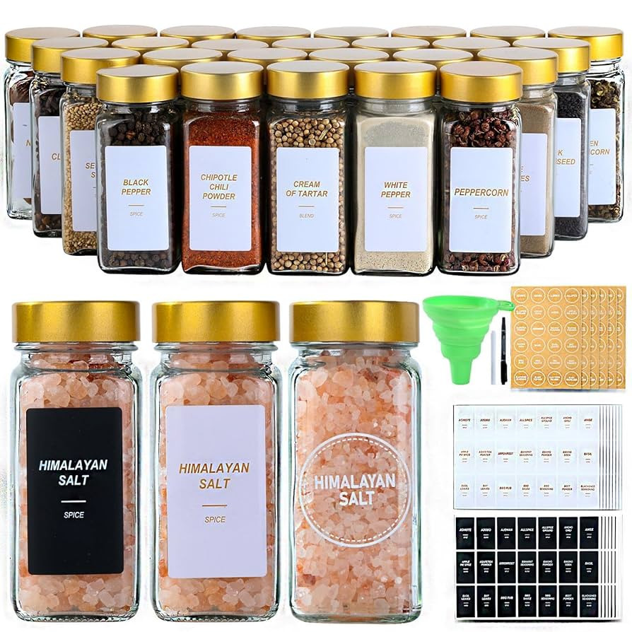 Glass Spice Jars with Label, 24Pcs Spice Jars with Shaker Lids-4 oz Gold Spice Seasoning Jars Bot... | Amazon (US)