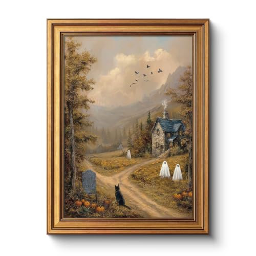 WHASAYART Gold Framed Vintage Halloween Canvas Wall Art Cute Ghost Decor | Amazon (US)
