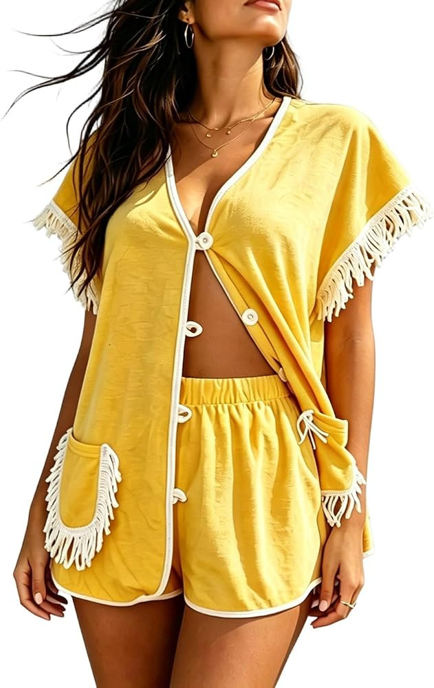 Meiweileya Womens 2 Piece Shorts Set Towel Button down Fringe Trim Pajama Set Terry Cloth Loungew... | Amazon (US)