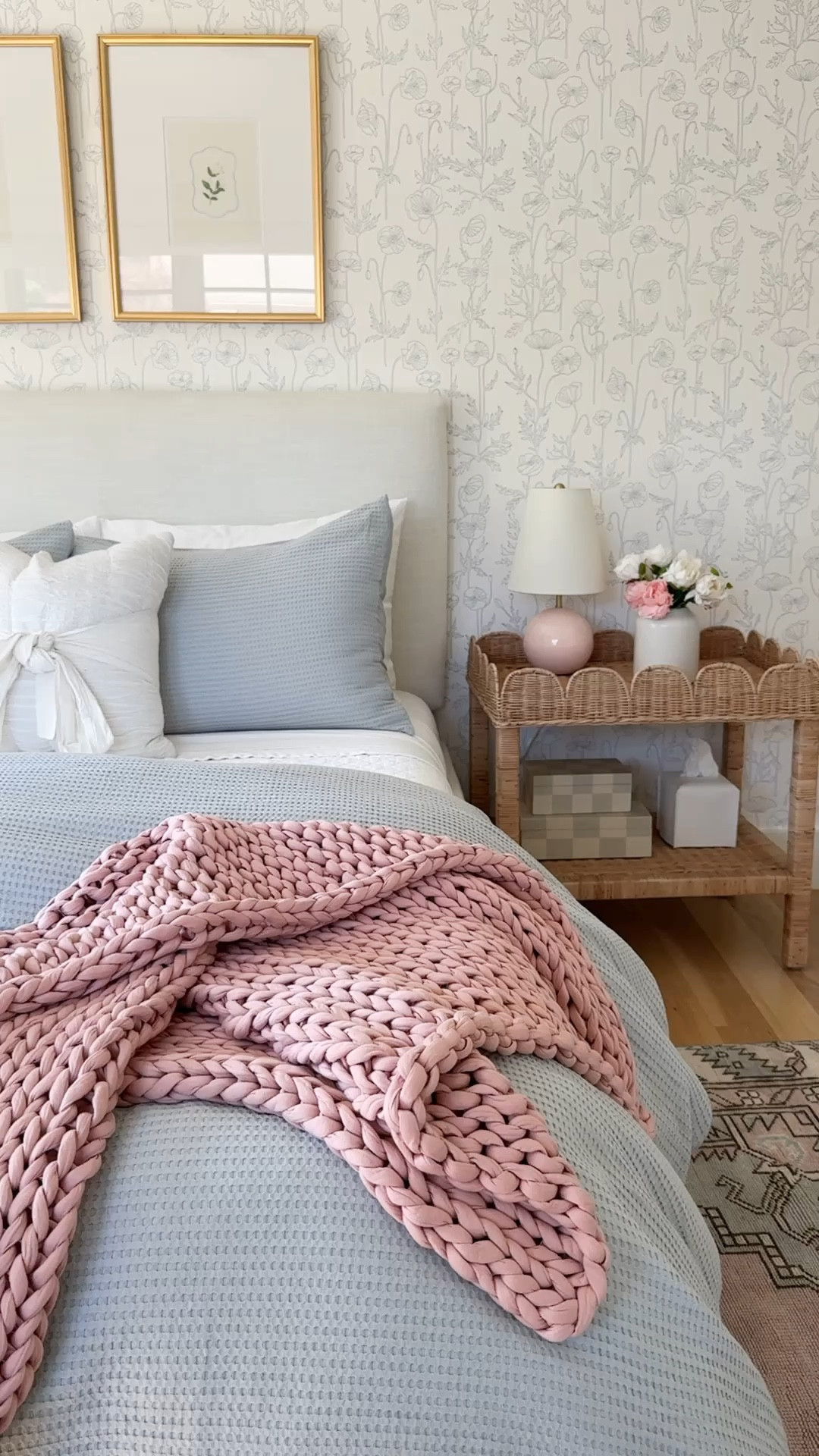 On sale! My daughter upholstered bed, bedding, rattan nightstand, blue and white floral wallpaper 

#LTKStyleTip #LTKCyberWeek #LTKHome