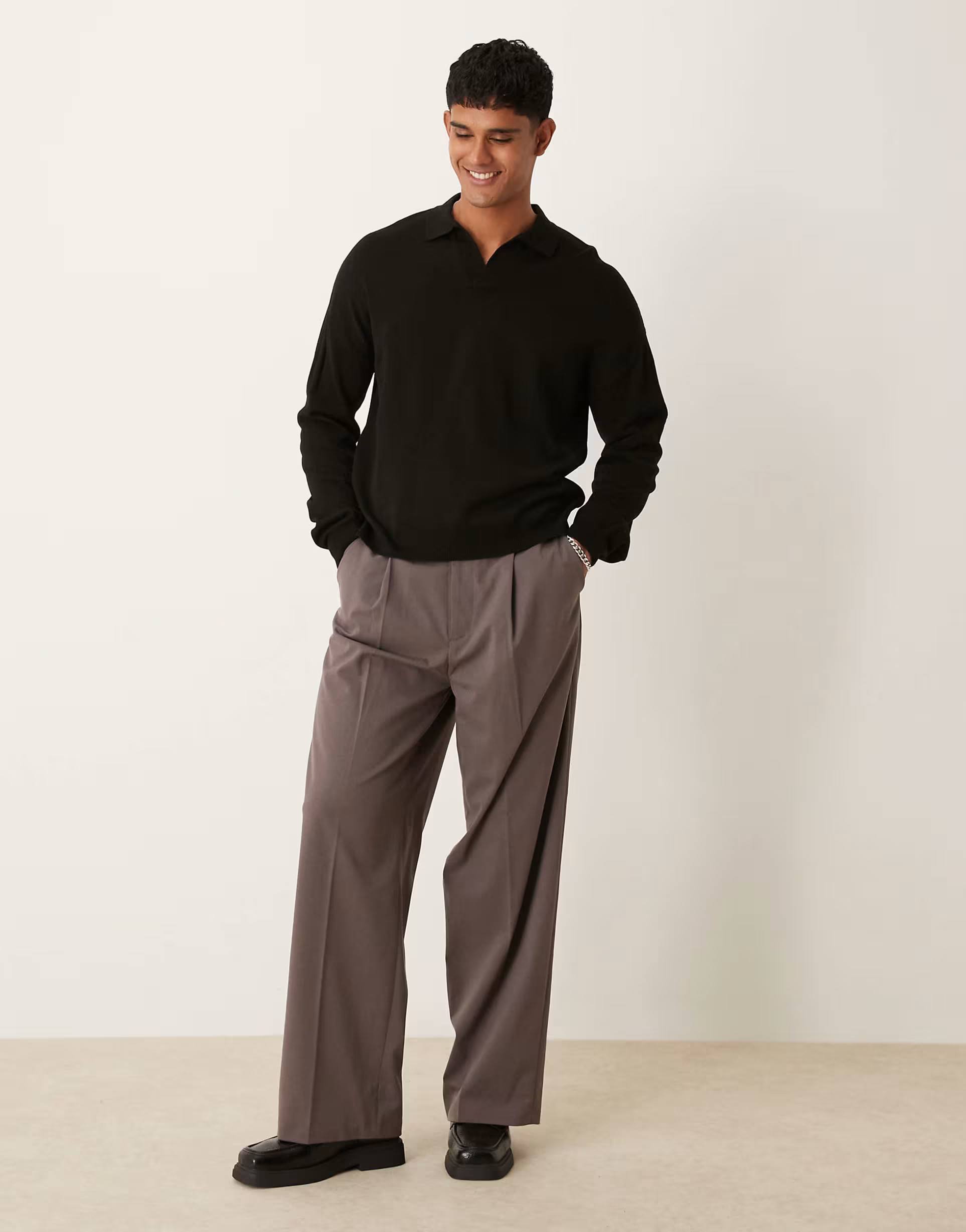 ASOS DESIGN relaxed boxy fit knitted long sleeve notch neck polo in black | ASOS (Global)