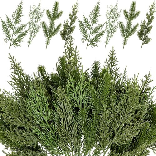 40 Pcs Artificial Pine Branches Assorted Faux Pine Stems Cedar Leaves Needle Sprigs Plastic Fake Christmas Greenery Pine Picks for Xmas Tree Wreaths Garlands DIY Accessories Home Decor (40, Green) | Amazon (US)