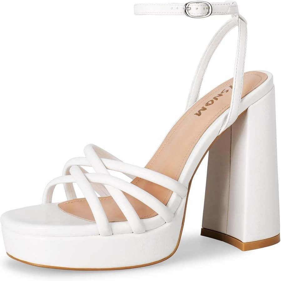 ISNOM Platform Heels for Women Chunky Heel, Ankle Strap Round Open Toe Strappy Heels for Wedding ... | Amazon (US)