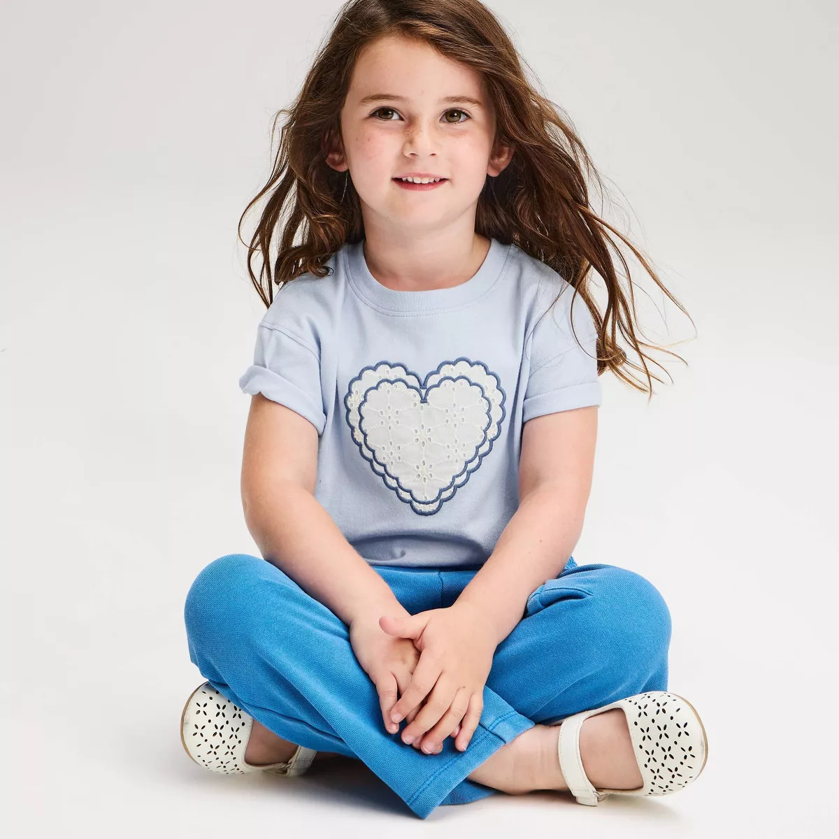 Toddler Girls' Eyelet Heart Short Sleeve Oversized T-Shirt - Cat & Jack\u2122 Light Blue 3T | Target
