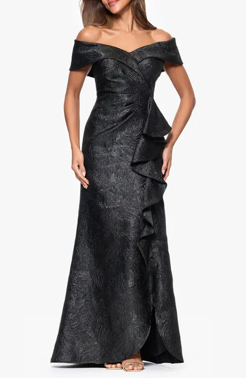 Xscape Evenings Ruffle Off the Shoulder Brocade Gown in Black at Nordstrom, Size 12 | Nordstrom