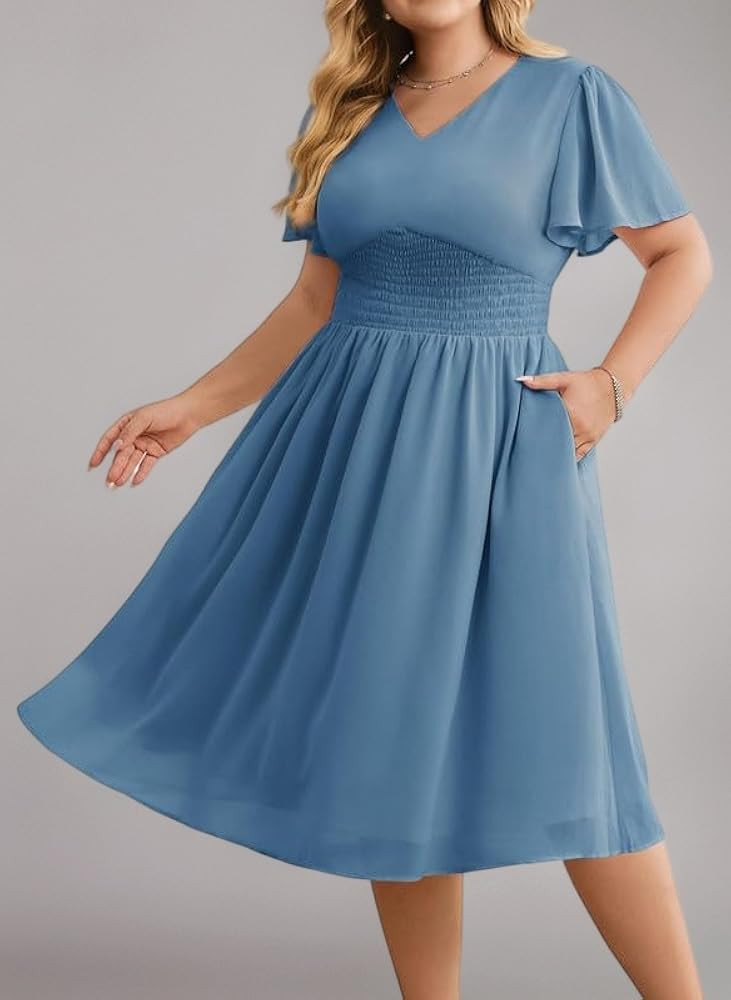 Hanna Nikole GroßE GrößE Damen Chiffon-Kleider RüSchenäRmel Freizeitkleider Halbformelles So... | Amazon (DE)